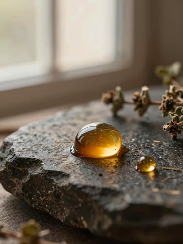 Macro close-up of rich amber oil droplets on a textured dark stone, soft warm directional window light, herbal botanical aesthetic