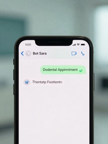 Macro shot of a smartphone screen displaying a clean WhatsApp chat with Bot Sara confirming a dental appointment, soft teal background, shallow depth of field, 35mm