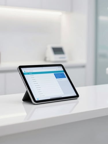 Bright high-key product photography of a modern dental clinic reception desk, a tablet showing scheduling software rests on the counter, clean clinical white lighting, 35mm.