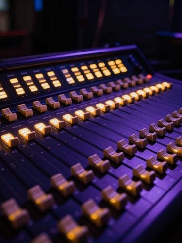 Close-up of technical production gear, soundboard sliders with glowing LED lights, dramatic backlighting, deep navy and purple tones, 35mm