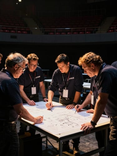 A team of technical directors in dark apparel reviewing blueprints on a lit drafting table inside a dark arena backstage, dramatic golden-hour side lighting, 35mm