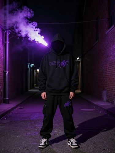 Cinematic wide shot of a model in a dark brick alley at night, wearing a heavy-weight black streetwear hoodie with subtle purple embroidery, back-lit by a glowing violet stadium flare, dramatic high-contrast shadows, 35mm photography