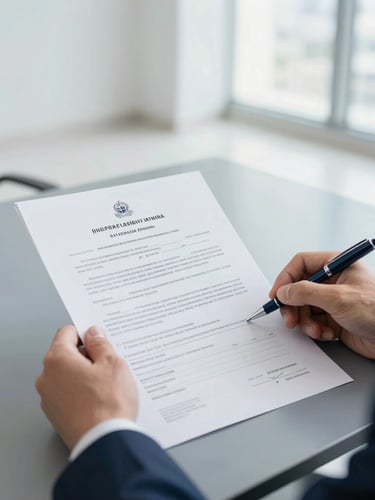 A clean corporate office in Dubai, bright neutral daylight, hands reviewing official government documents with a high-end pen on a slate desk, 35mm