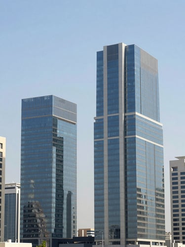 A crisp, bright architectural shot of modern glass office buildings in Dubai's Business Bay district, clean daylight, sharp focus, slate blue sky