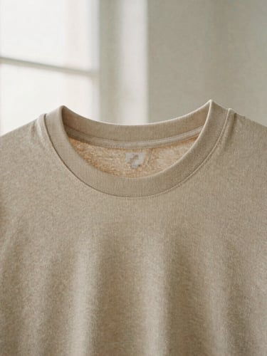 Close-up of a premium cotton t-shirt fabric texture in warm beige, soft natural window light, minimalist editorial fashion photography, 35mm film