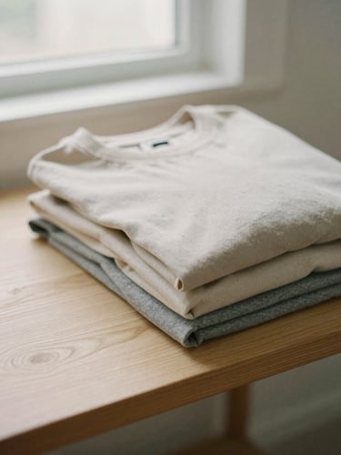 Close-up of neatly folded beige and gray cotton t-shirts on a light wooden shelf, soft morning light, minimalist fashion photography