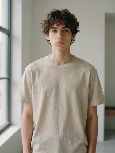 Minimalist fashion portrait, model in a beige organic cotton tee, soft natural window light, muted neutral tones, clean architectural background, 35mm film