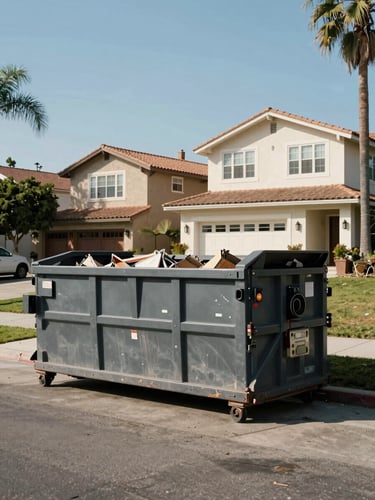 Wide environmental shot from street level in a Pasadena residential neighborhood — a steel-grey roll-off dumpster parked on a driveway under midday California sunlight, craftsman-style homes and palm trees visible in the background, dumpster partially filled with construction debris, natural daylight, no people
