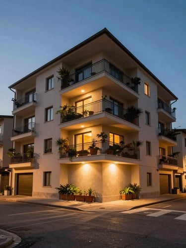Street-level view of a warm-lit low-rise residential facade at dusk, wide balconies with subtle potted greenery visible, amber architectural lighting casting long shadows on the pavement below, quiet street with no pedestrians, framed from a slightly low angle to emphasise building height and calm