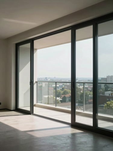 Interior of a modern apartment, wide balcony framed through floor-to-ceiling windows, soft daylight entering from the side, focus on the view out and spatial proportion rather than furnishing—clean lines, minimal staging, architectural clarity.