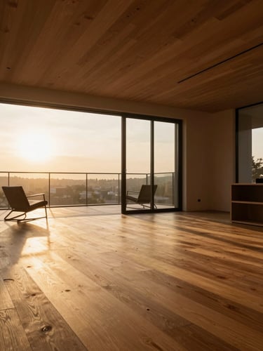 Warm interior space at golden hour, wooden flooring and ceiling detail in sharp focus, soft afternoon light streaming through wide balcony opening, minimalist furniture silhouette, negative space dominant