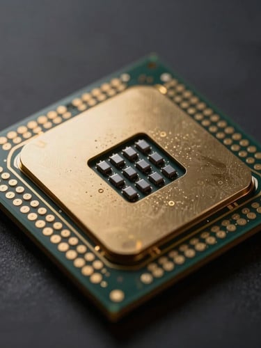 Extreme close-up of a silicon processor die under dramatic low-key studio lighting, gold accents reflecting off custom cooling loops, dark background.