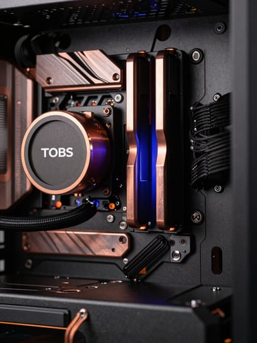 Extreme close-up of a custom water-cooled PC block, polished copper and matte black metal, subtle electric indigo backlighting, low-key dramatic studio lighting, 3:4 portrait aspect.