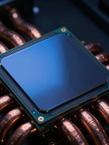 Extreme close-up of a high-performance GPU silicon die, dramatic low-key studio lighting with deep midnight navy shadows and sharp electric indigo reflections on the copper heat pipes.
