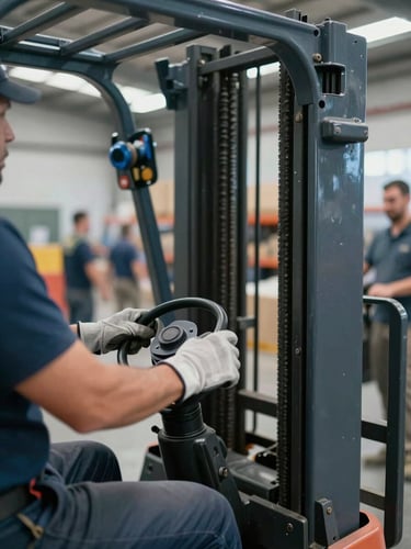 Close mid-shot of a worker's gloved hands operating a forklift control lever on a busy warehouse floor, natural industrial overhead lighting, other workers visible mid-motion in the background, muted blue-grey tone