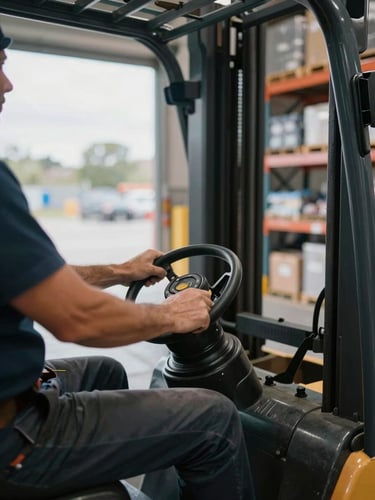 Close-up medium shot of a forklift operator's hands on the controls inside a logistics warehouse, natural overcast light through loading dock doors, motion blur on background shelving