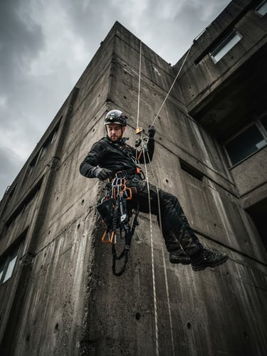 Low-angle dynamic shot of an industrial climber in safety harness suspended on ropes against a concrete facade, dramatic overcast daylight, sharp focus on technical gear, high-contrast dark tones.