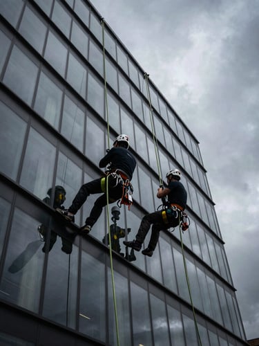 Low-angle shot of two professional industrial climbers in black safety harness with neon green ropes, suspended against a modern glass facade in Bratislava, dramatic overcast sky.