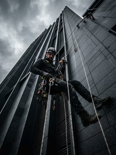 Low-angle dynamic shot of an industrial climber suspended on ropes against a modern dark tiled roof, technical gear and carabiners in sharp focus, overcast dramatic daylight