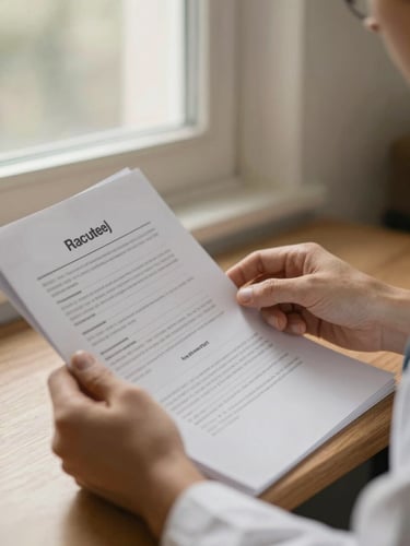 A close-up of hands reviewing medical documents under warm, natural window light, soft and comforting tones, shallow depth of field.