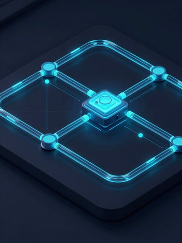 Isometric high-fidelity UI mockup of a dark mode business operating dashboard, sharp electric-cyan data pipelines, glowing node connections on a deep obsidian background