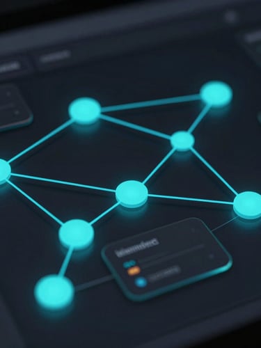 Macro crop of a high-fidelity dark UI workflow builder, glowing cyan node-based connections, sharp glassmorphic data cards on a deep obsidian background, low-key ambient lighting.