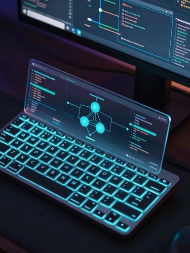Macro overhead crop of a dark, modern developer workspace with a glowing cyan keyboard, glassmorphic UI cards displaying node-based data flows on a monitor, moody neon edge lighting.