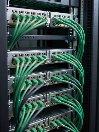 Extreme close-up of dense server rack cabling in a data center, tightly organized ethernet cables in green and black, studio lighting revealing precise cable management, no human subject, clean and controlled environment