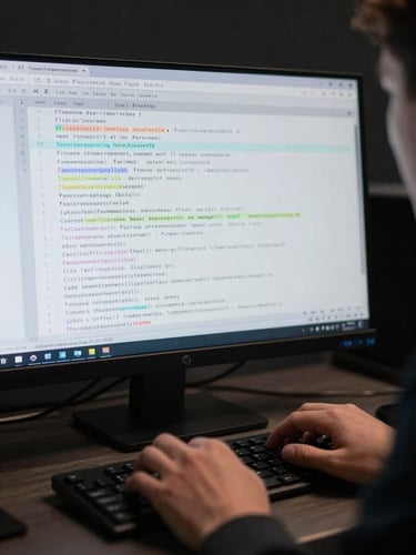 Close-up of a security analyst reviewing a terminal screen showing firewall log entries, hands resting on keyboard, controlled studio lighting from above, dark background, sharp focus on the screen text