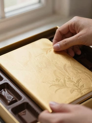 Close-up of a hand carefully placing a gold-embossed notebook into a luxury chocolate gift box, soft side-lighting, shallow depth of field