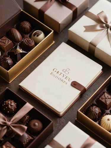 Overhead flat-lay of a luxury corporate gift box containing artisanal chocolates, a custom notebook, and elegant packaging, rich chocolate and cream tones, soft side lighting
