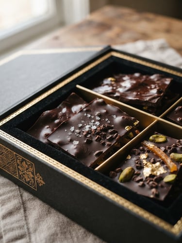 Close-up shot of a luxury chocolate gift box with gold foil lettering, soft window light highlighting the rich texture of hand-tempered chocolate slabs inside