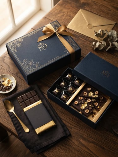 Overhead flat-lay of luxury custom corporate gift boxes, gold foil branding, dark chocolate slabs, warm directional window light, rich editorial photography