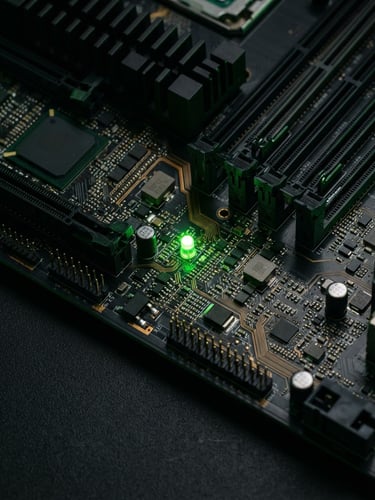 Sleek macro shot of a server motherboard, pristine circuits, neon green diagnostic LED glowing in high-contrast dark studio lighting