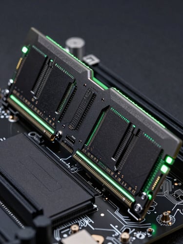 Macro close-up of a high-performance motherboard with pristine RAM modules installed, dark matte surface, subtle neon green backlighting, clean industrial aesthetic.