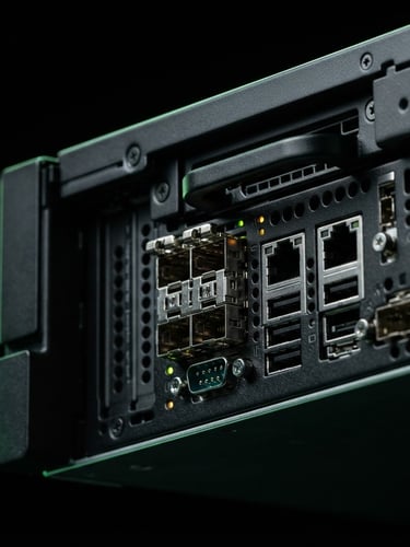 Sleek enterprise server chassis, high-contrast studio lighting, dark matte background, subtle neon green rim light, macro lens showing metallic ports