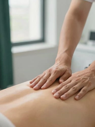 Close-up of professional neurotherapy hand pressure being applied to specific points on a patient's back, soft warm golden lighting, clean modern clinical setting, shallow depth of field