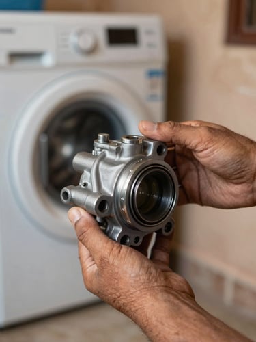 Technician's hand holding a new replacement pump part close to camera in a real Moroccan home interior, work-light catching the metal part, blurred washing machine visible in the background, tight close-up, no faces, documentary realism