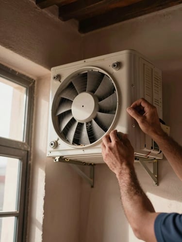 Extreme close-up, tight frame — technician's hands removing the front panel of a wall-mounted indoor AC unit in a Moroccan home interior, work-light illuminating the internal fan coil and dust-covered filter, natural window light from the left casting a soft directional shadow, no styling or staging, documentary framing