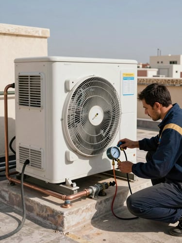 Wide environmental shot — open outdoor AC compressor unit on a rooftop in Rabat, technician crouching beside it with a manifold gauge set connected to the service port, midday Moroccan sunlight casting hard shadows on the white unit casing, copper pipes and refrigerant lines visible in sharp focus, no posing