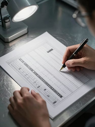 Overhead forensic close-up of hands examining printed technical documentation on a steel-surface desk, clinical cool strobe lighting, high-contrast black and white, stress-test output printout partially visible, no faces, institutional precision framing