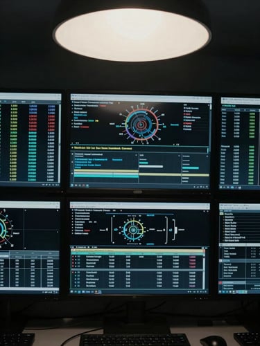 Extreme close-up overhead view of a monitoring dashboard mid-analysis, multiple data streams visible on dark screens, clinical cool overhead work-light, desaturated high-contrast monochrome, forensic institutional lighting, no human faces