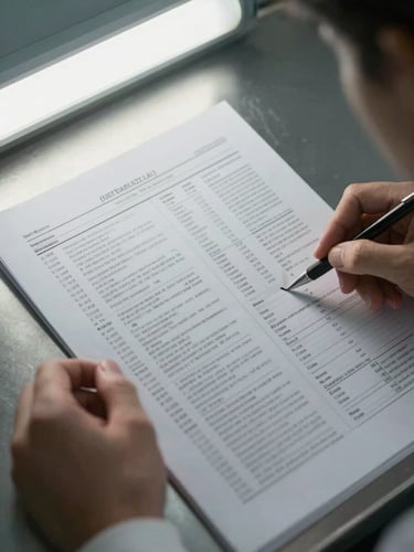 Extreme close-up overhead shot of a pair of hands reviewing dense printed diagnostic report pages on a steel work surface, clinical fluorescent overhead lighting casting sharp shadows, desaturated monochrome, forensic institutional atmosphere