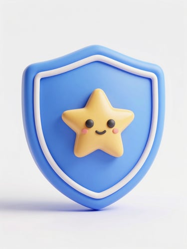Playful 3D claymation shield with a gold star inside, friendly security icon, soft pastel colors, clean white background