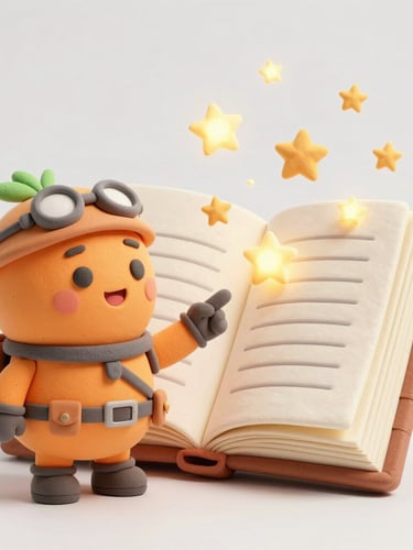 A friendly 3D claymation orange mascot wearing explorer gear, pointing at a giant magical pop-up book with glowing stars, bright cheerful ambient lighting, soft pastel colors, clean white background, friendly character design