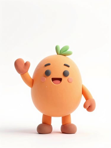 Playful 3D claymation illustration of a friendly orange mascot waving cheerfully, bright cheerful ambient lighting, soft pastel colors, clean white background