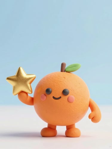 A playful 3D claymation orange mascot character holding a shiny gold star, bright cheerful ambient lighting, clean soft blue background, friendly character design
