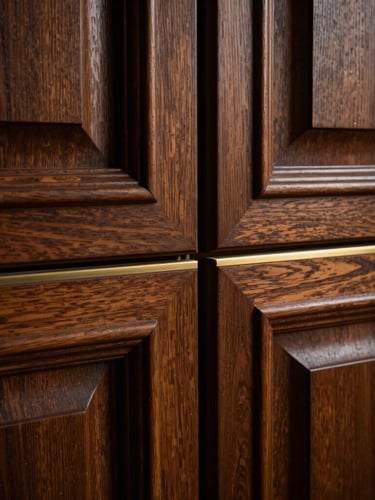 Close-up macro shot of fluted oak panels meeting brushed brass trim, low-key side-lighting emphasizing rich material textures, deep shadows, architectural detail