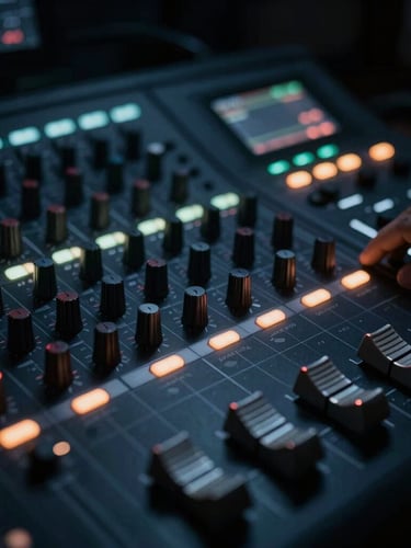 Extreme close-up of a professional editing console in a dark studio, glowing neon-accented dials, sharp directional key lights, moody cinematic atmosphere