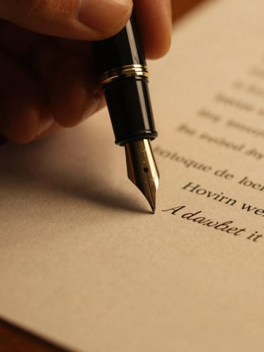 Macro close-up of a fountain pen signing a strategic document on a dark wooden desk, warm low-key golden lighting, extreme focus, 35mm